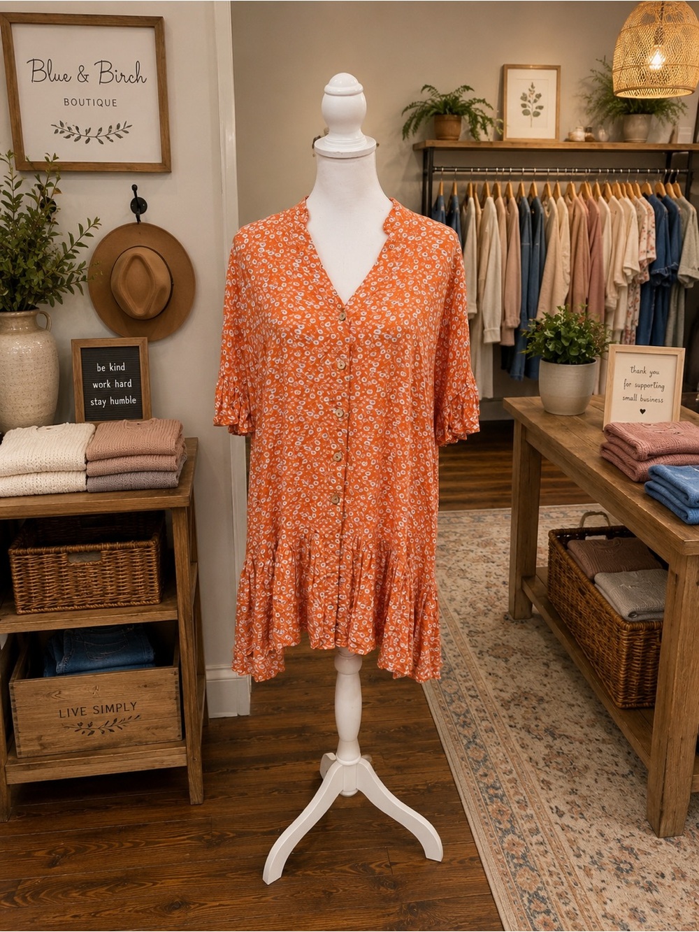 Easel Orange Floral Button Front Ruffle Hem Tunic Dress Size Medium